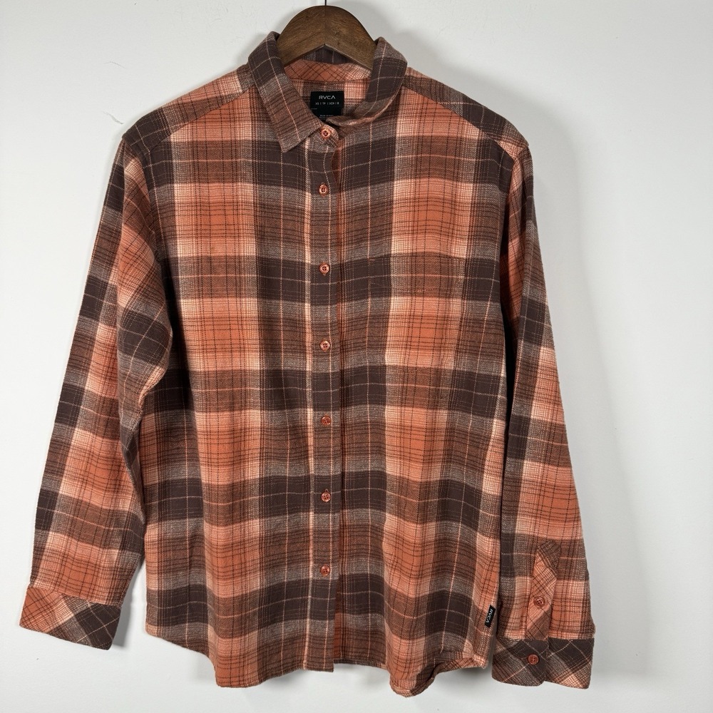 NWT RVCA Flannel Button‎ Down Men's XS Orange Brown Casual